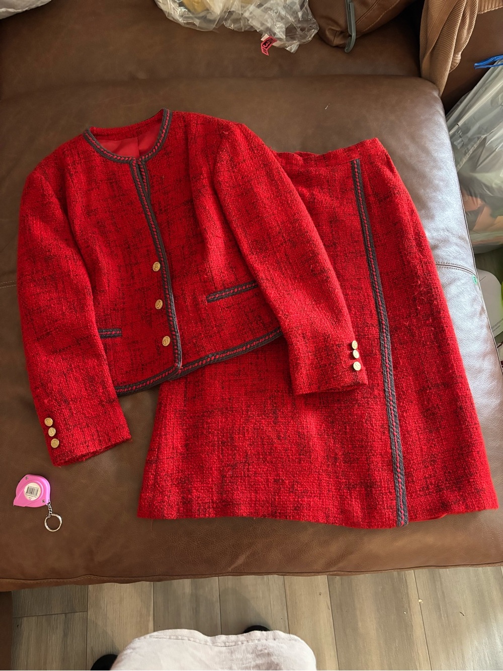 Classic Women's Red Tweed Jacket and Skirt Set